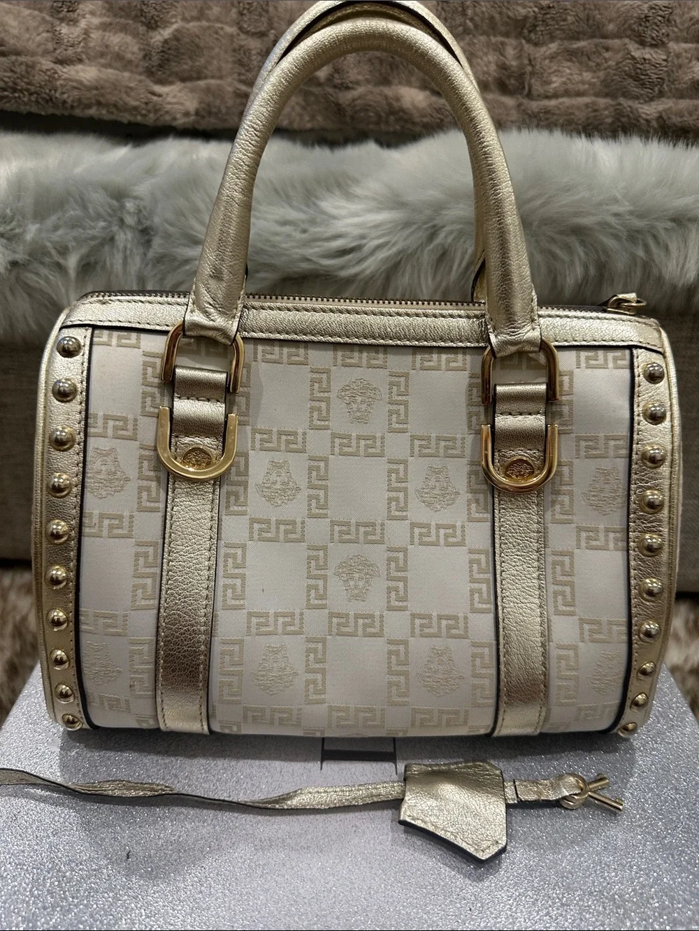 VERSACE Gold and Cream Logo Medusa & Greek key chain Satchel Handbag w/ lock-key